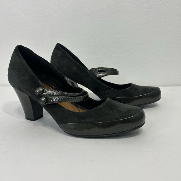 Clarks Shoes - Clarks Diamond Suede Patent Leather Black Double Strap Mary Jane Heels Size 10M